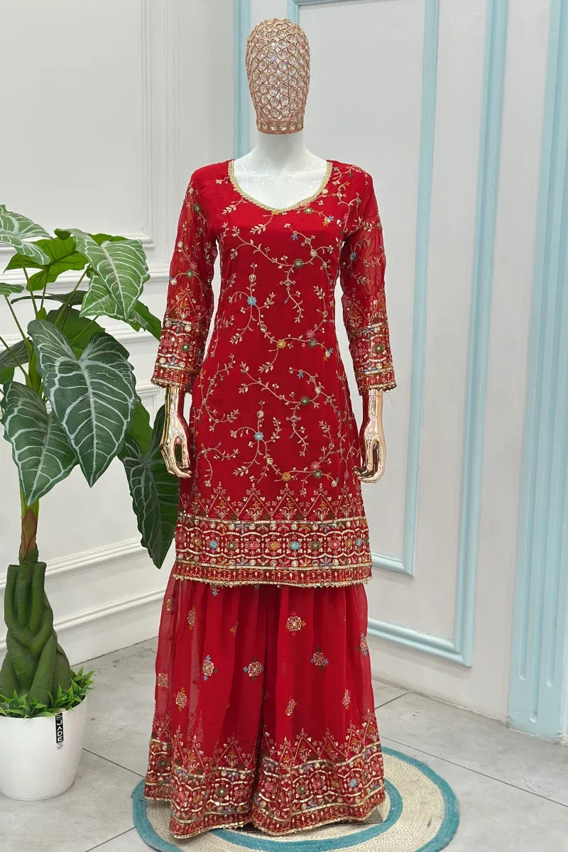 Red Georgette Heavy Embroidered Sharara Suit