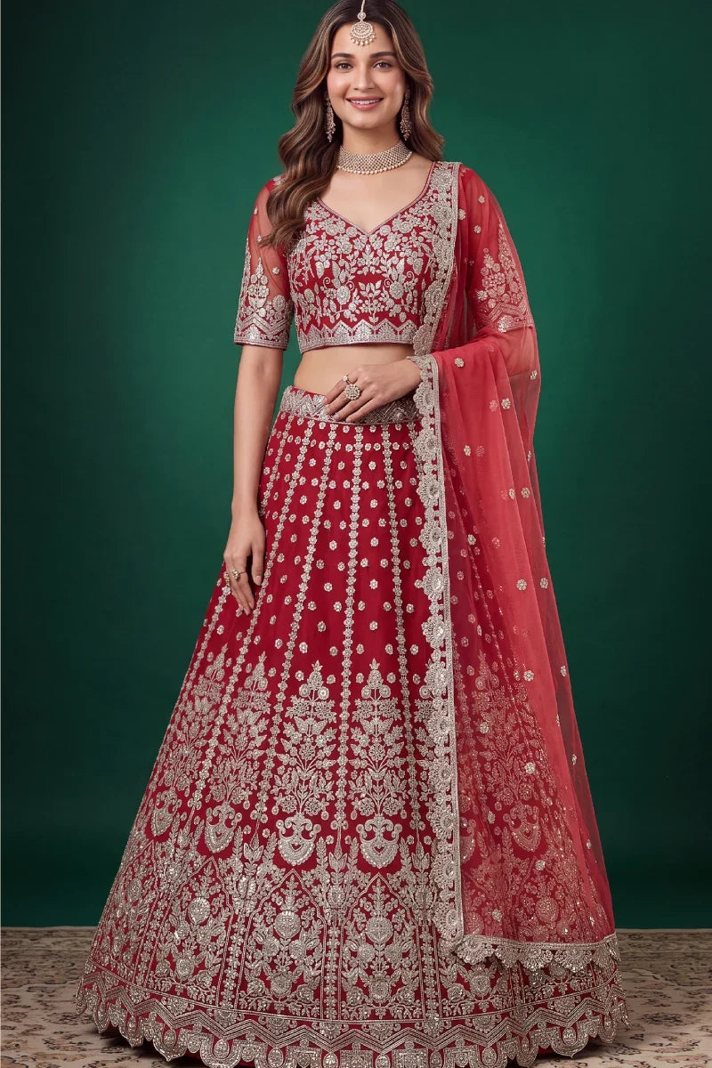 Red Soft Net Embroidered Lehenga Choli