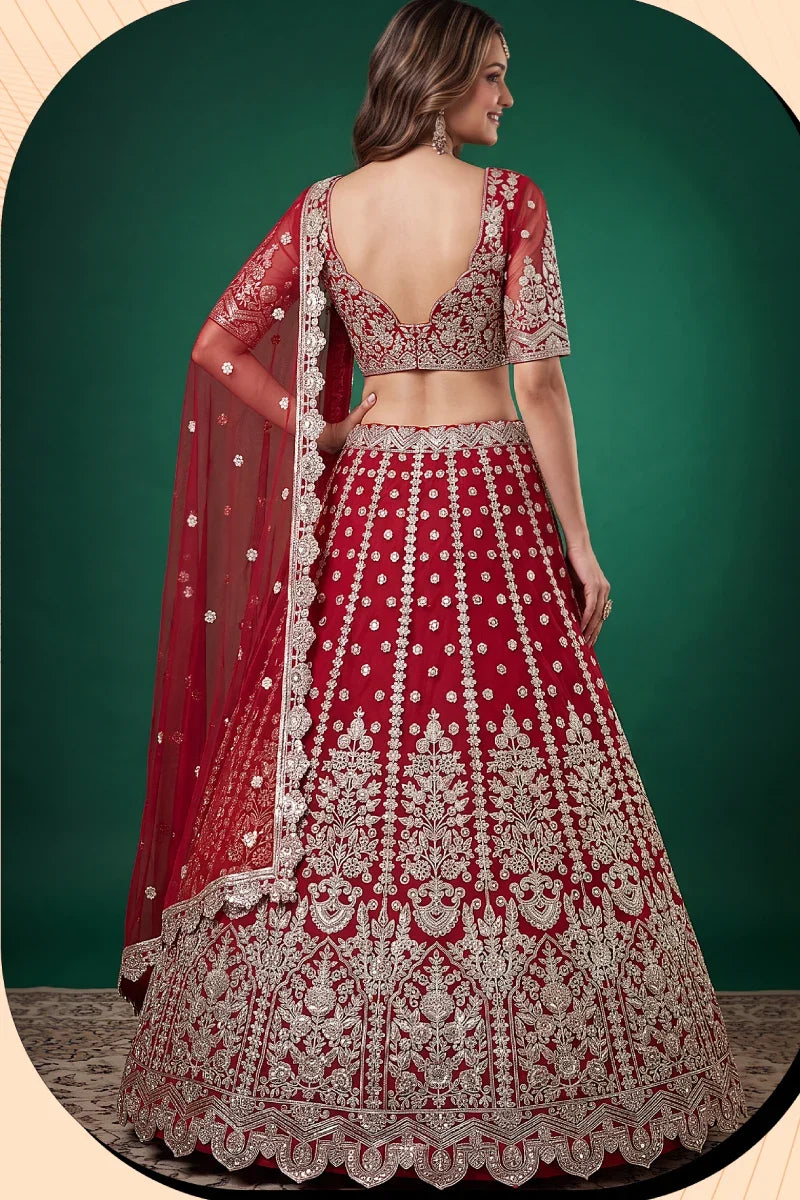 Red Soft Net Embroidered Lehenga Choli
