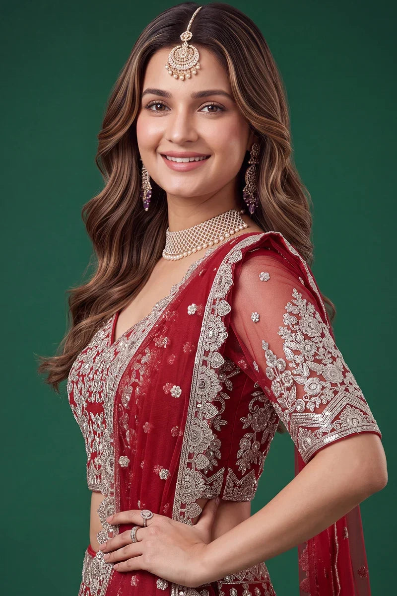 Red Soft Net Embroidered Lehenga Choli