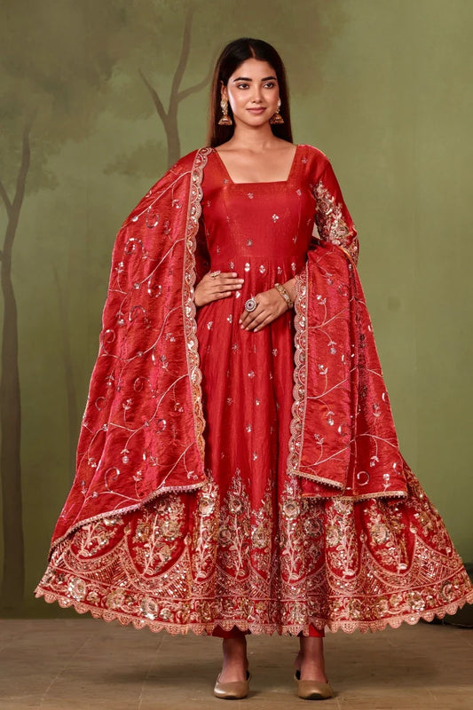 Red Jelly Simmar Silk Embroidered Anarkali Suit with Dupatta