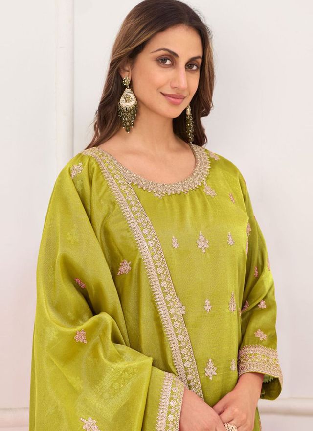 Light-Green Embroidery Real Simar Silk Salwar Suit