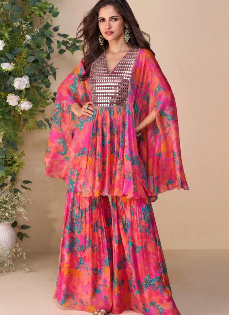 Multicolor A Real Mirror Chinon Silk Sharara Suit