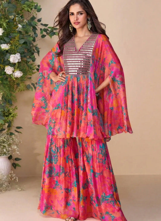 Multicolor A Real Mirror Chinon Silk Sharara Suit