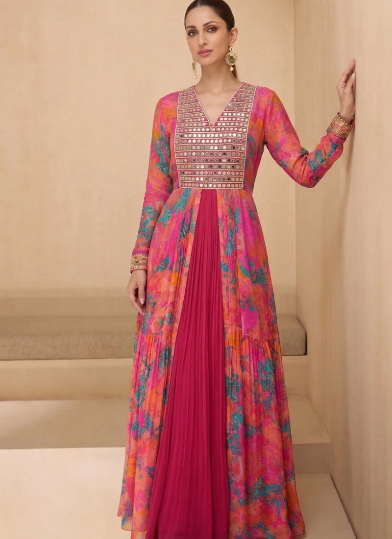 Pink Jacket with Real Mirror Georgette Gown Suit
