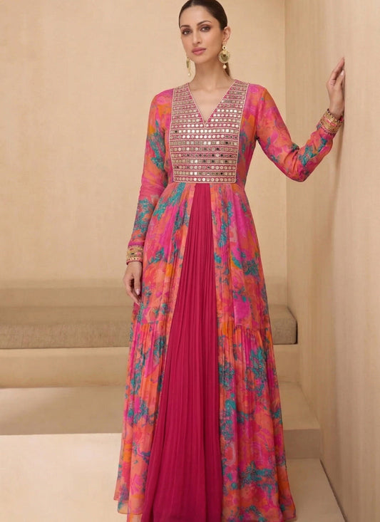 Pink Jacket with Real Mirror Georgette Gown Suit
