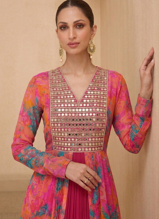Pink Jacket with Real Mirror Georgette Anarkali Gown Suit