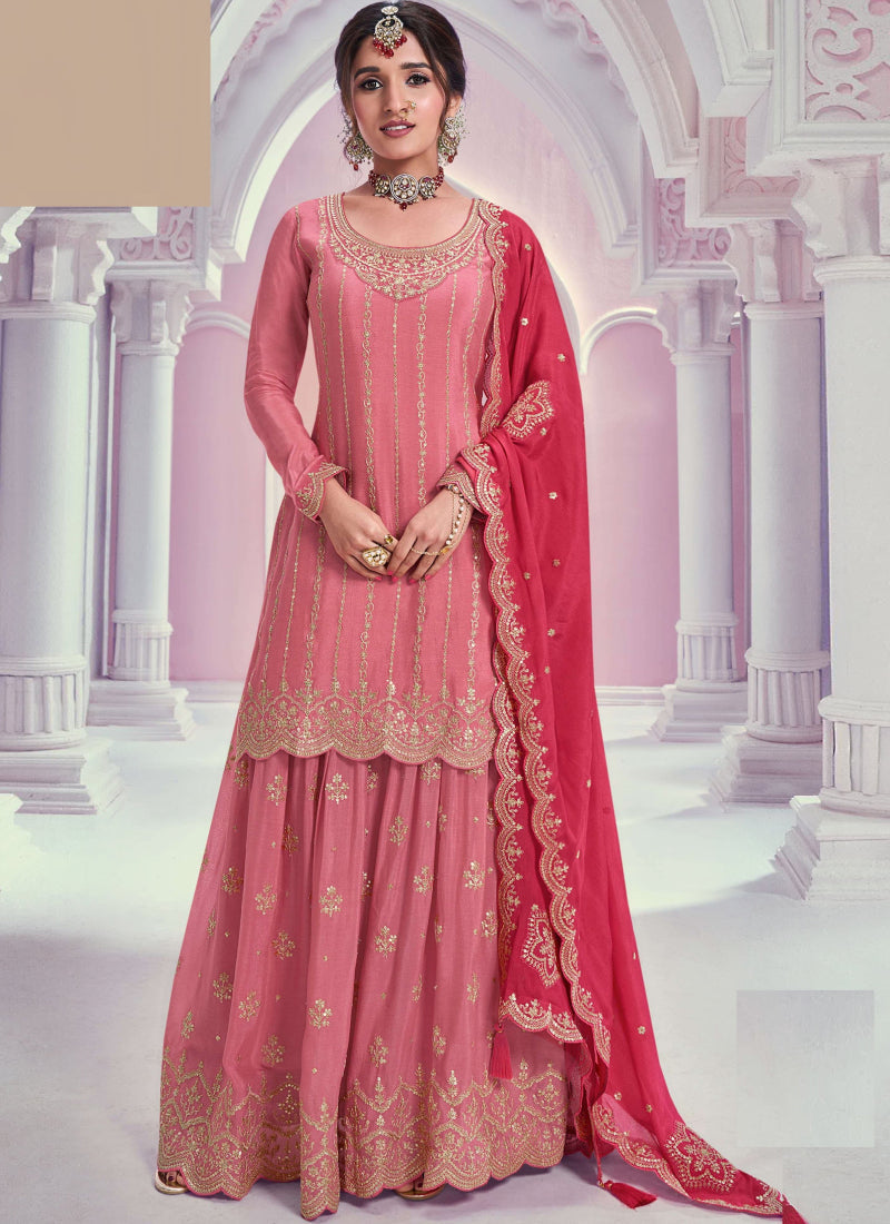 Peach Zari Chinon Silk Palazzo Suit
