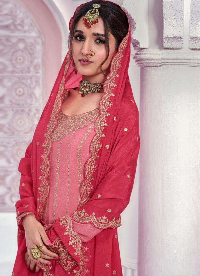 Peachy Pink Zari Chinon Silk Palazzo Suit