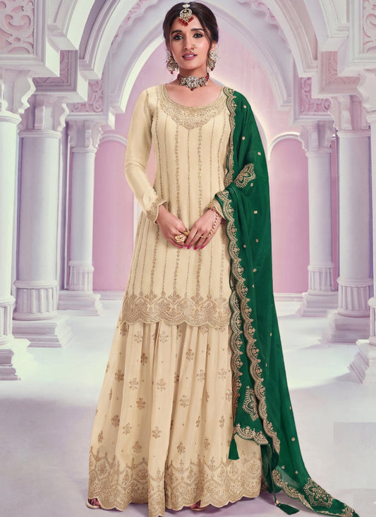 Cream Zari Chinon Silk Palazzo Suit