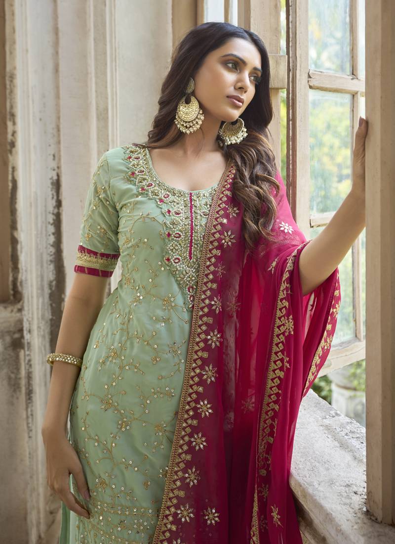 Sea Green Georgette Embroidery Party Wear Palazzo