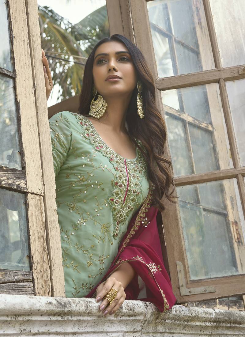 Sea Green Georgette Embroidery Party Wear Palazzo