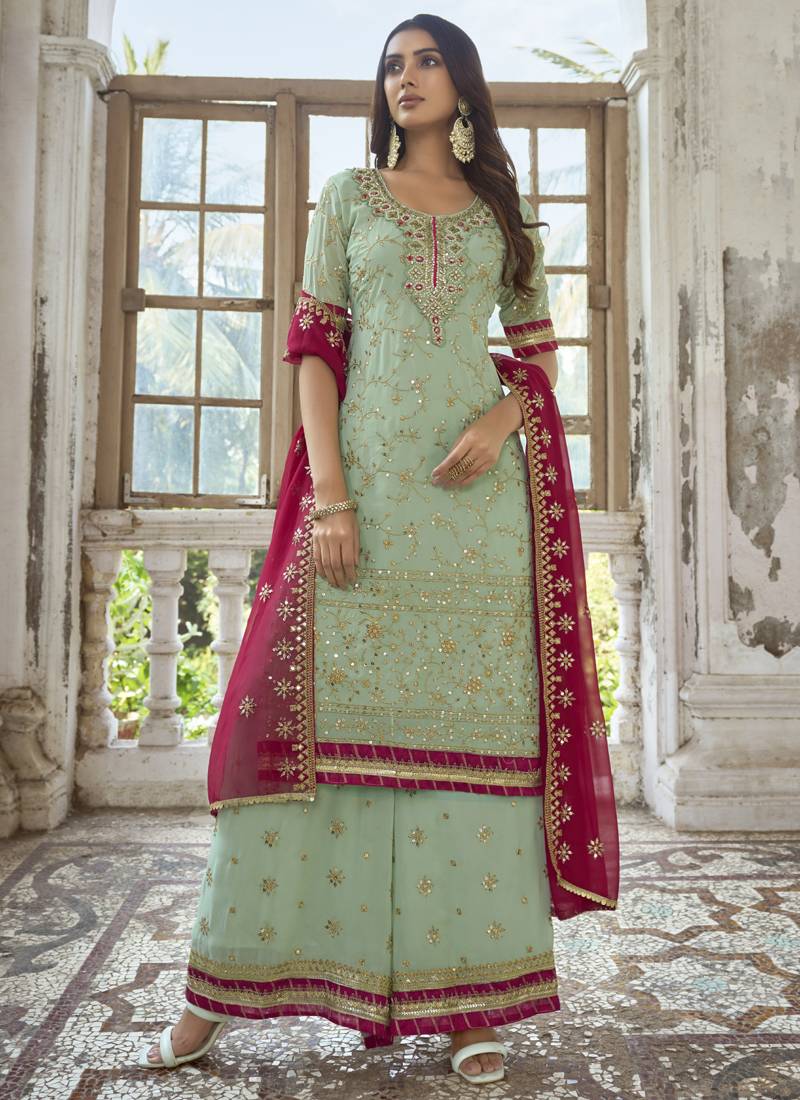 Sea Green Georgette Embroidery Party Wear Palazzo