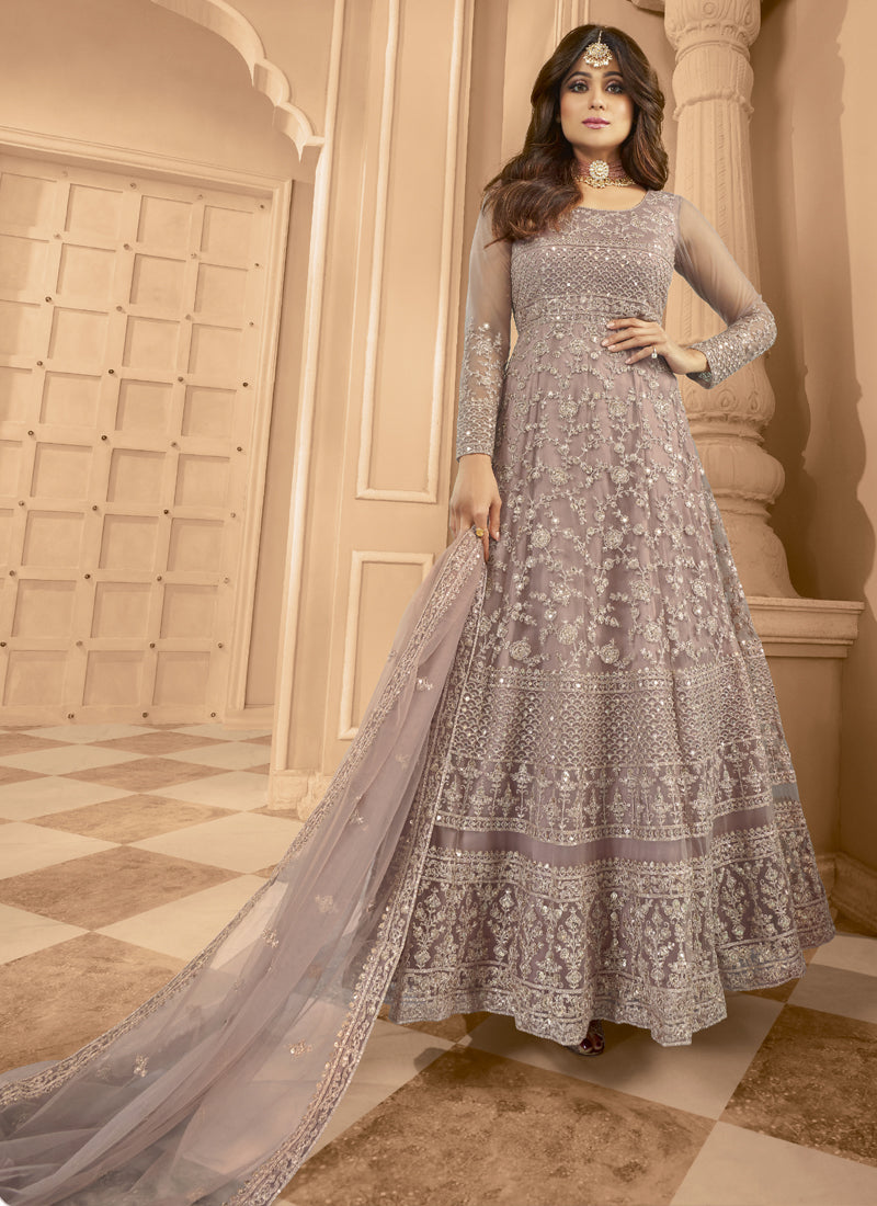 Onion Pink Net Embroidered Anarkali Suit