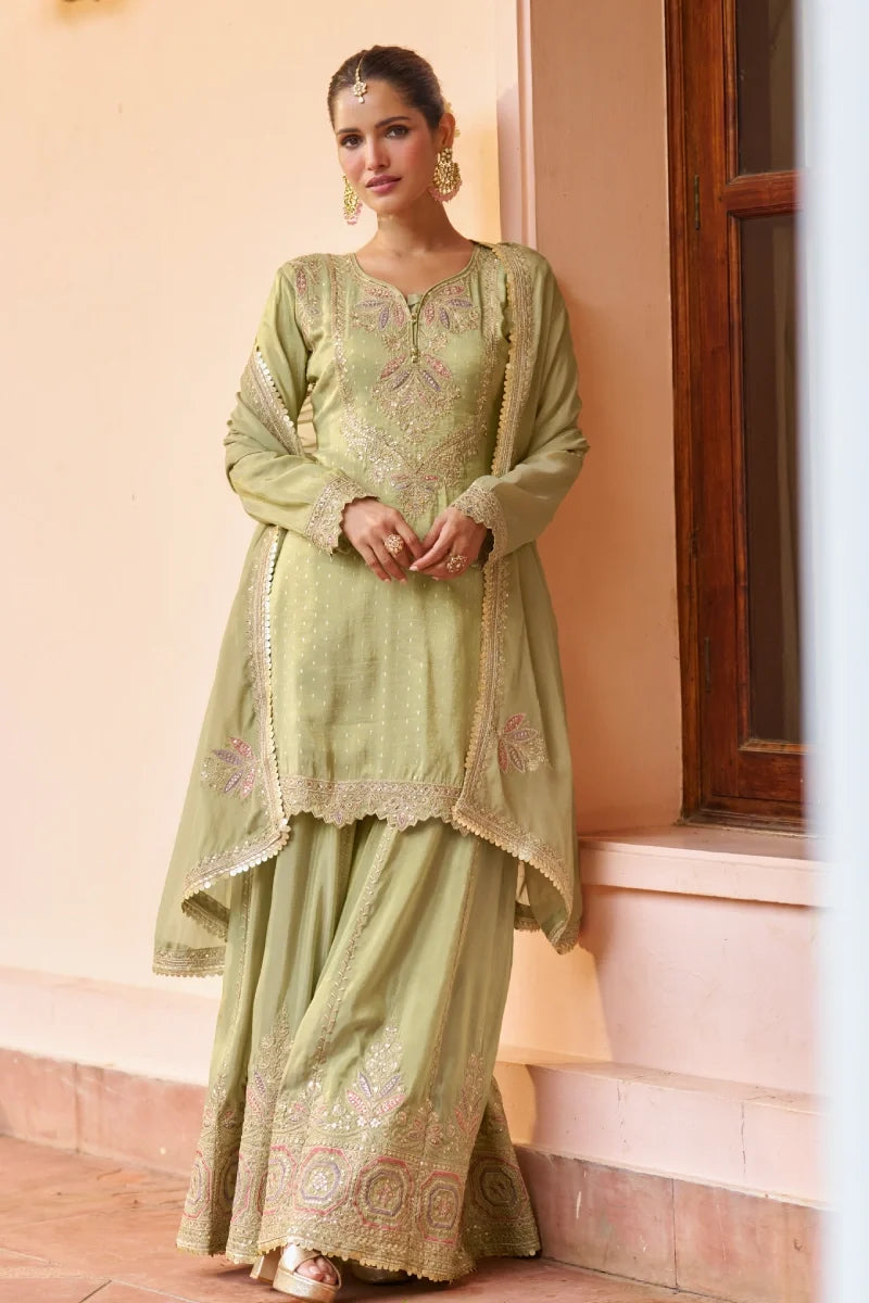 Sea Green Heavy Embroidered Chinon Palazzo Suit with Dupatta