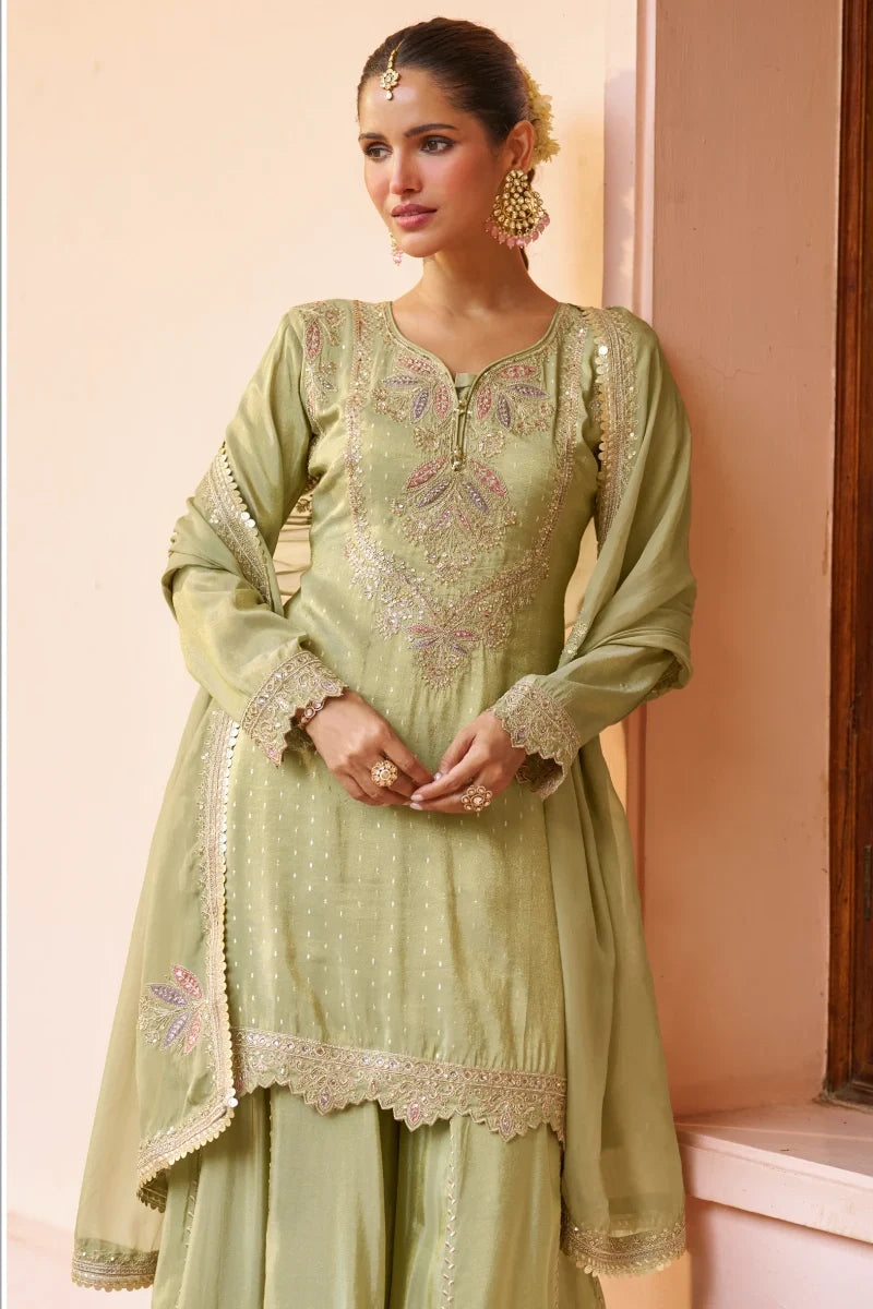 Sea Green Heavy Embroidered Chinon Palazzo Suit with Dupatta