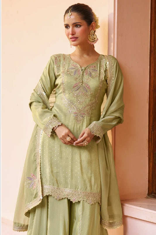 Sea Green Heavy Embroidered Chinon Palazzo Suit with Dupatta
