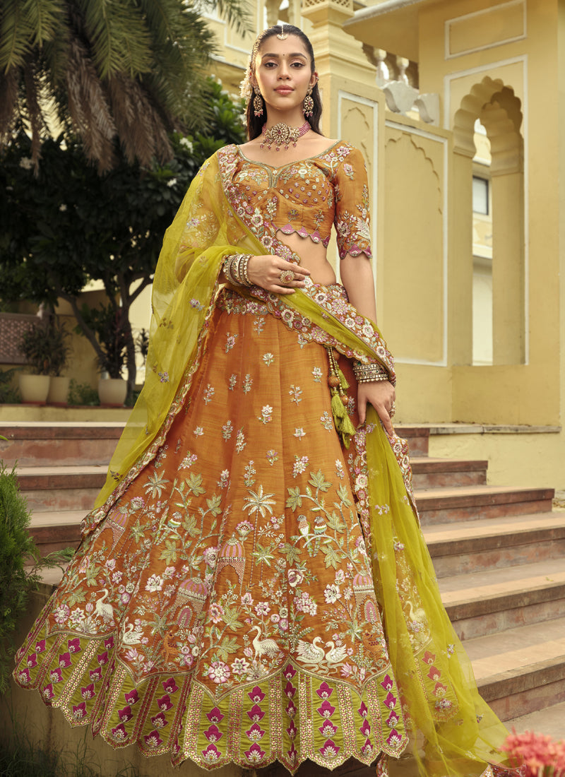 Mustard Silk Embroidered & Art Mirror Work Wedding Wear Lehenga Choli