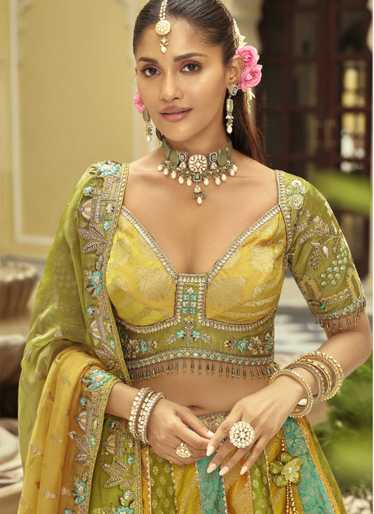 Yellow Silk Embroidered & Art Mirror Work Wedding Wear Lehenga Choli