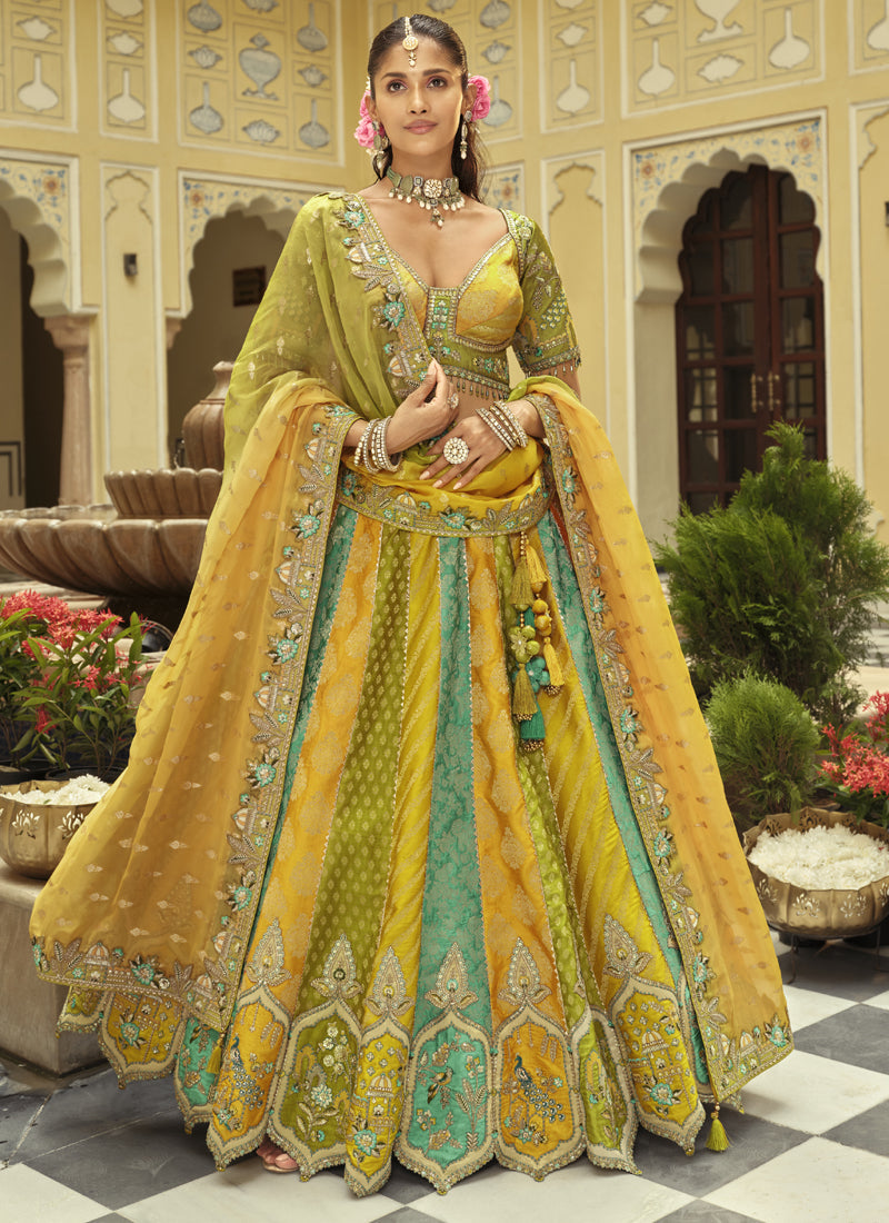 Yellow Silk Embroidered & Art Mirror Work Wedding Wear Lehenga Choli