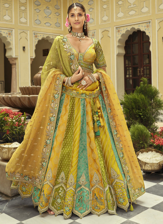 Yellow Silk Embroidered & Art Mirror Work Wedding Wear Lehenga Choli
