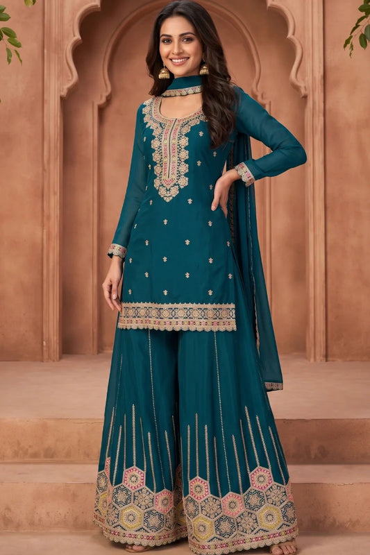 Teal Chinon Heavy Embroidered Palazzo Suit 