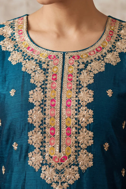 Teal Chinon Heavy Embroidered Palazzo Suit