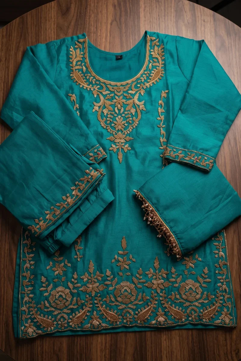 Rama Green Chinon Beads Work Palazzo Suit