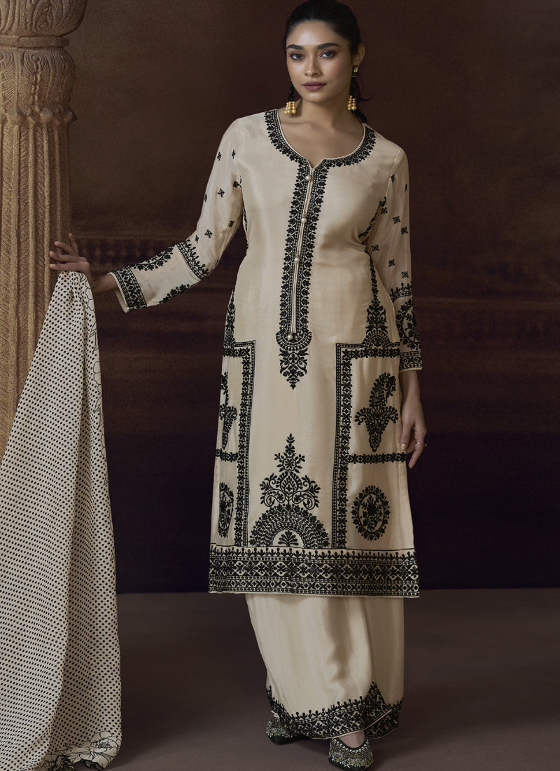 Off White Chinon Silk Embroidered Designer Palazzo Suit