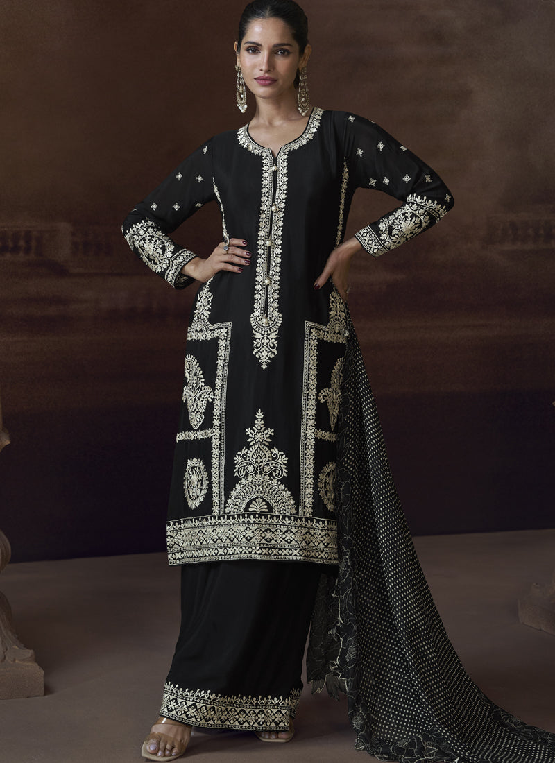 Black Chinon Silk Embroidered Designer Palazzo Suit
