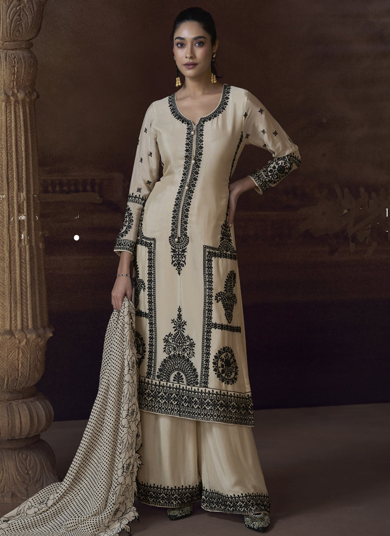 Off White Chinon Silk Embroidered Designer Palazzo Suit