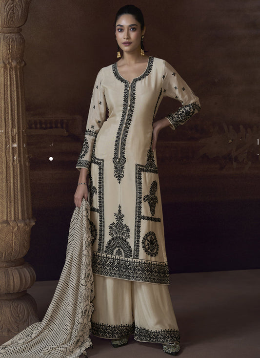 Off White Chinon Silk Embroidered Designer Palazzo Suit