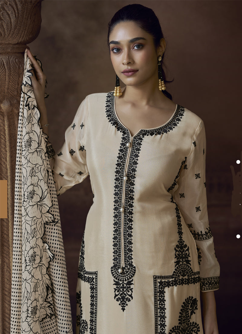 Off White Chinon Silk Embroidered Designer Palazzo Suit