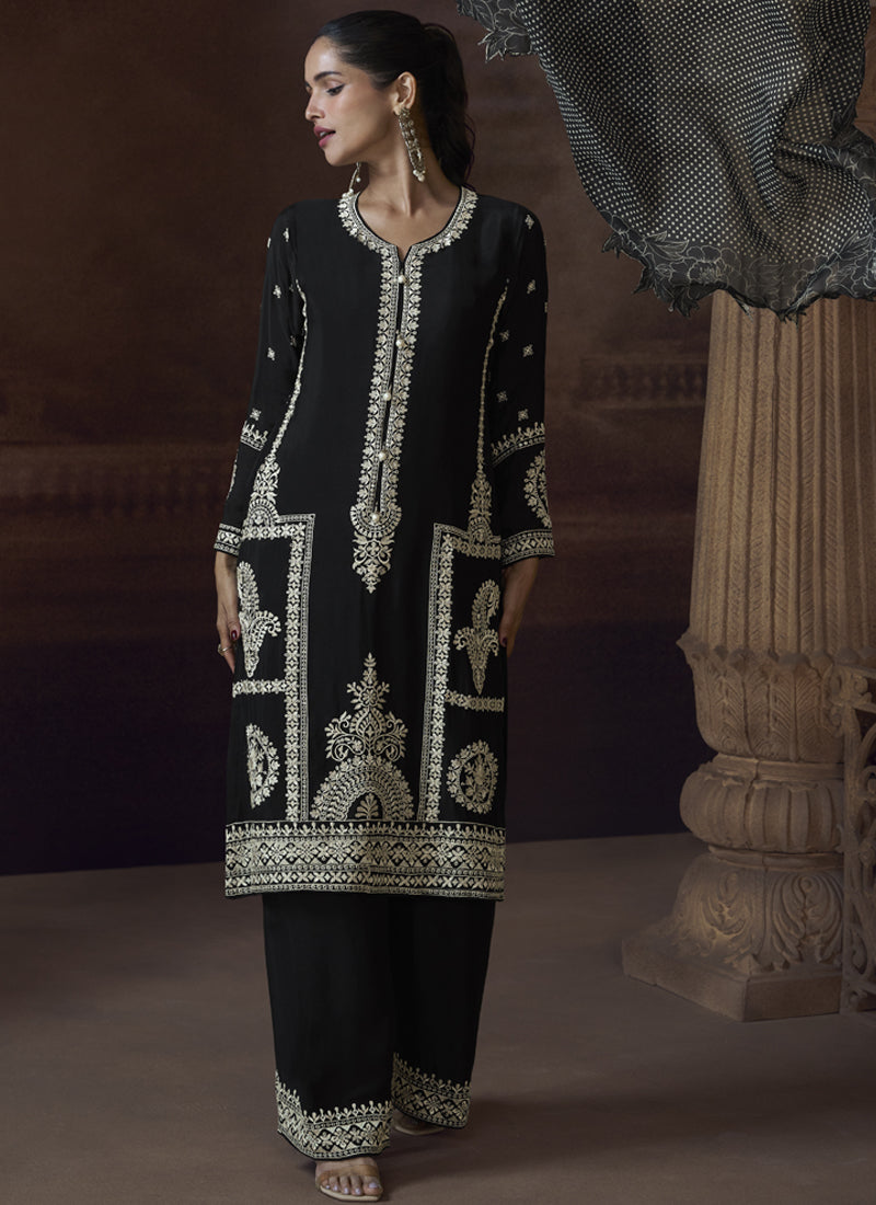 Black Chinon Silk Embroidered Designer Palazzo Suit