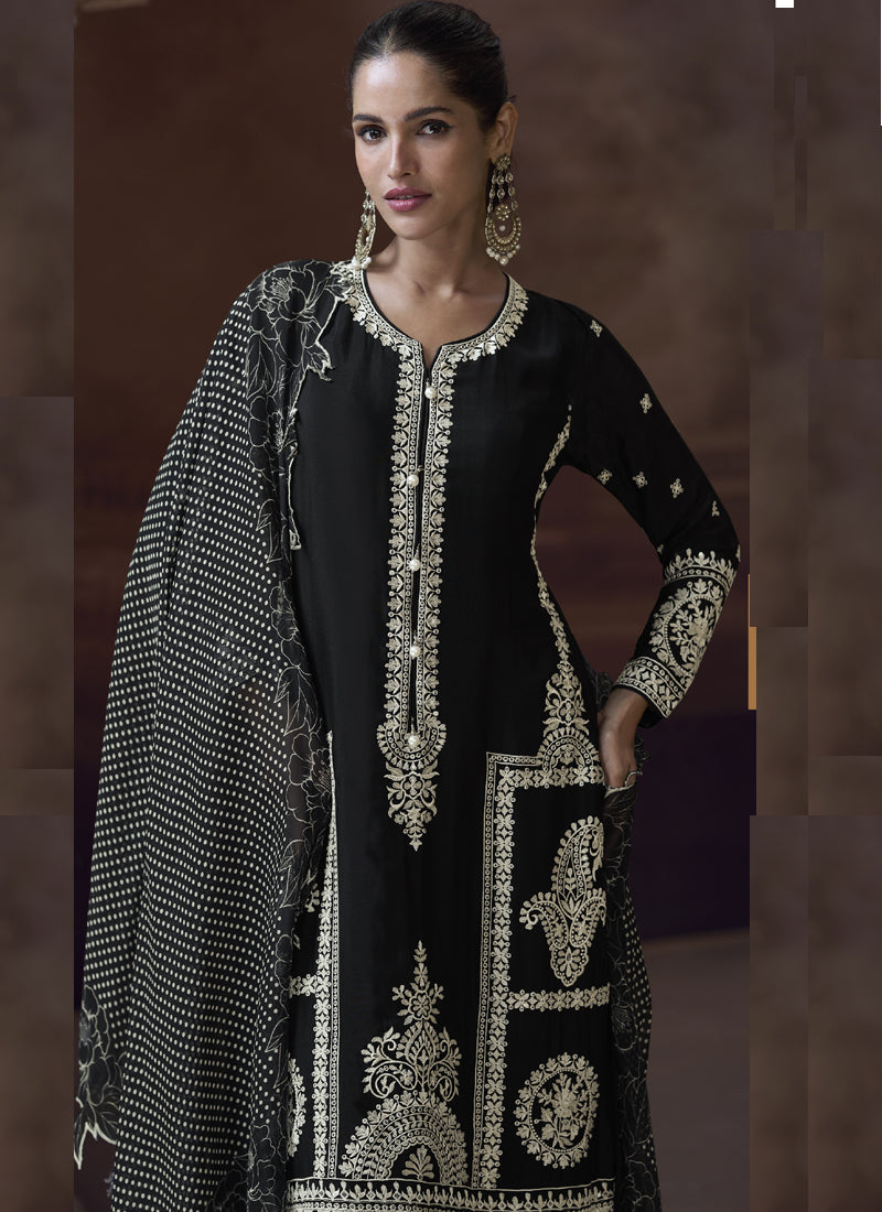 Black Chinon Silk Embroidered Designer Palazzo Suit
