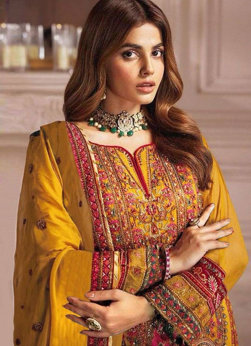 Mustard Muslin Embroidered Salwar Suit