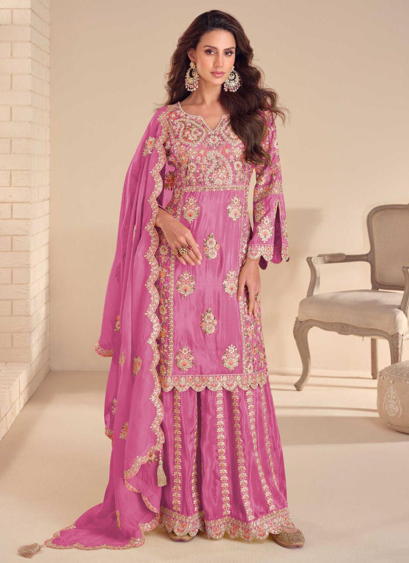 Onion Pink Shimmer Silk Embroidered Designer Palazzo Suit