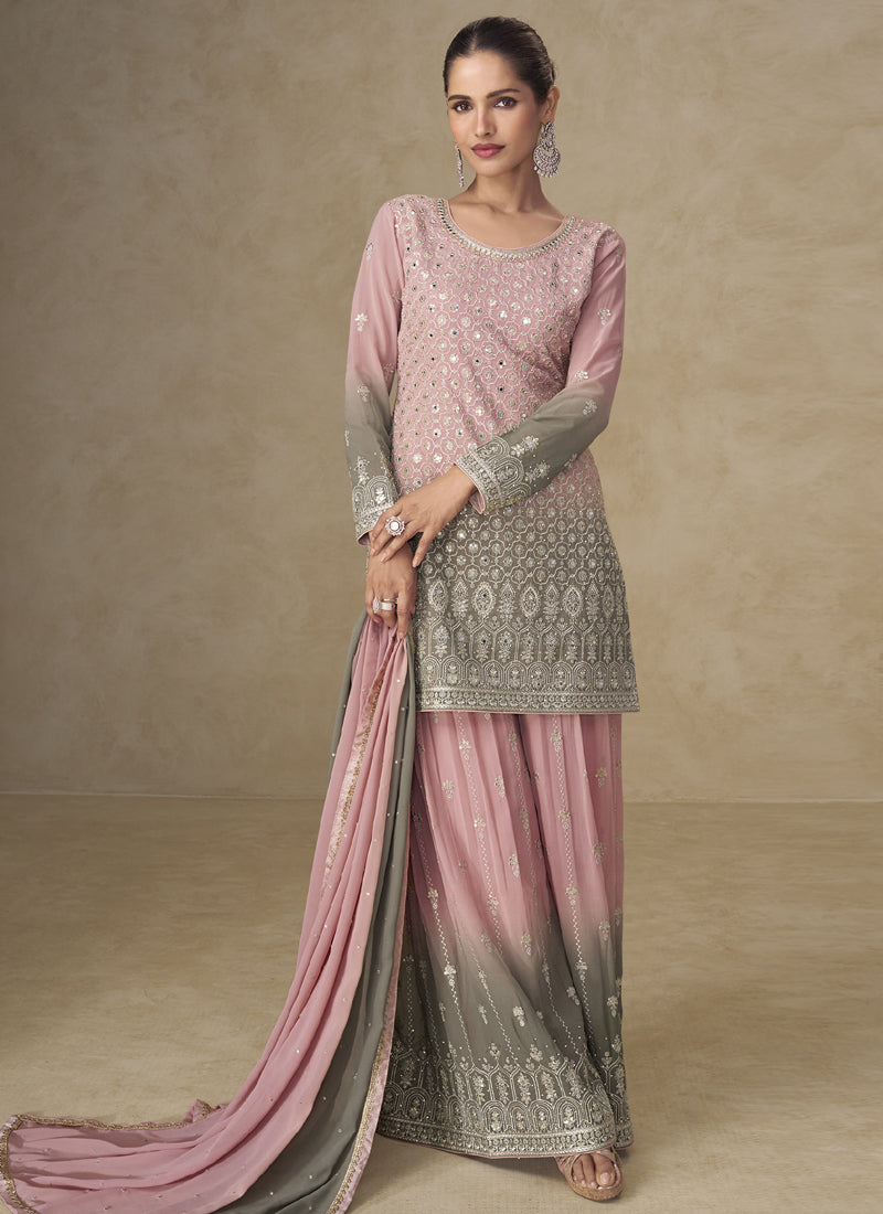 Pink and Grey Embroidered Georgette Sharara Style Suit