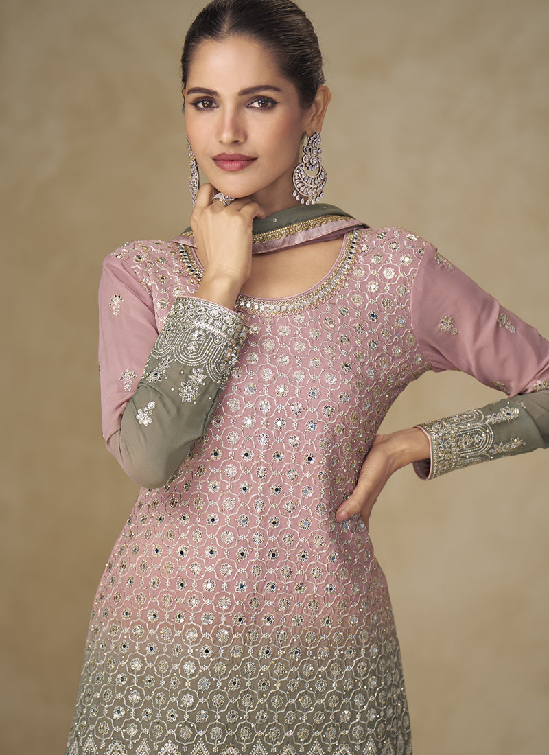Pink and Grey Embroidered Georgette Sharara Style Suit