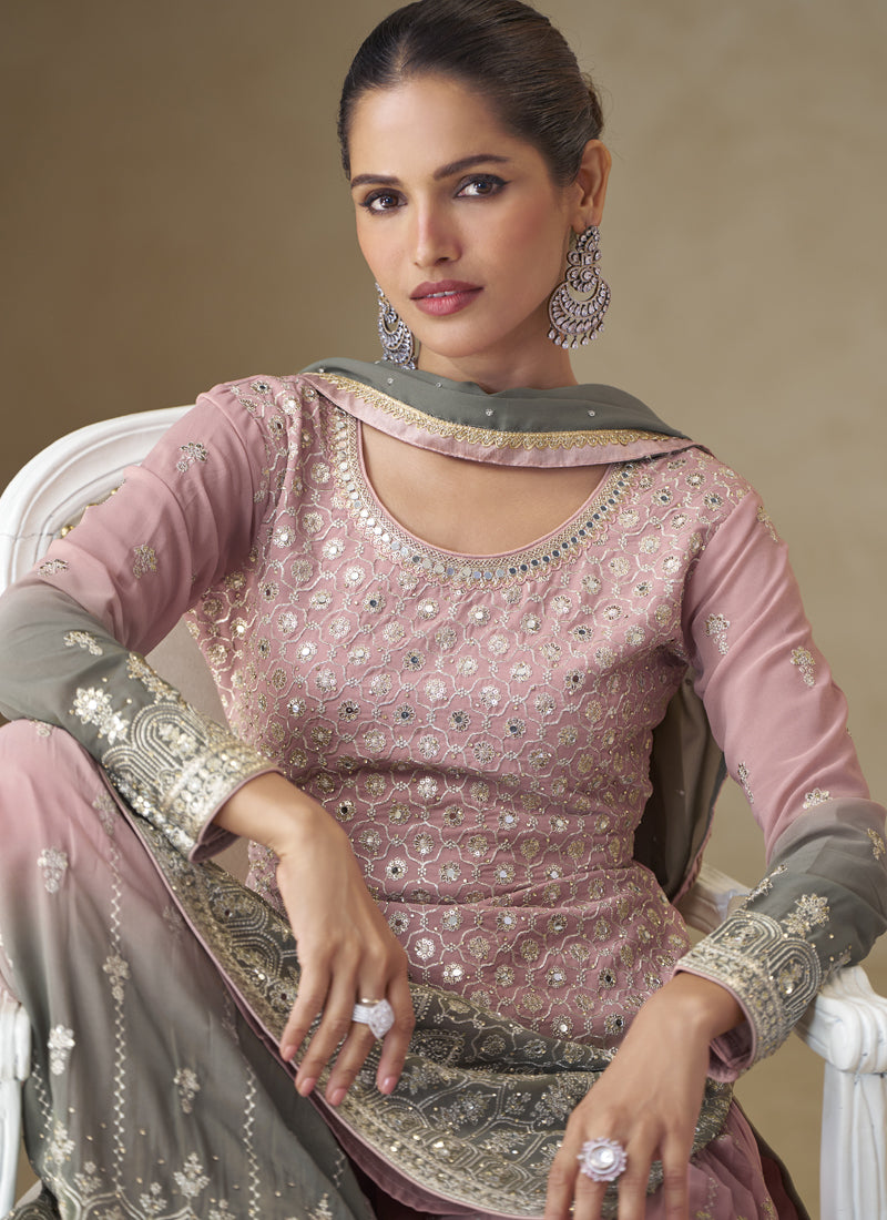Pink and Grey Embroidered Georgette Sharara Style Suit