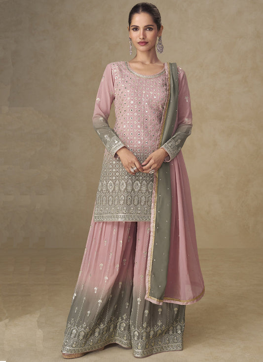 Pink and Grey Embroidered Georgette Sharara Style Suit