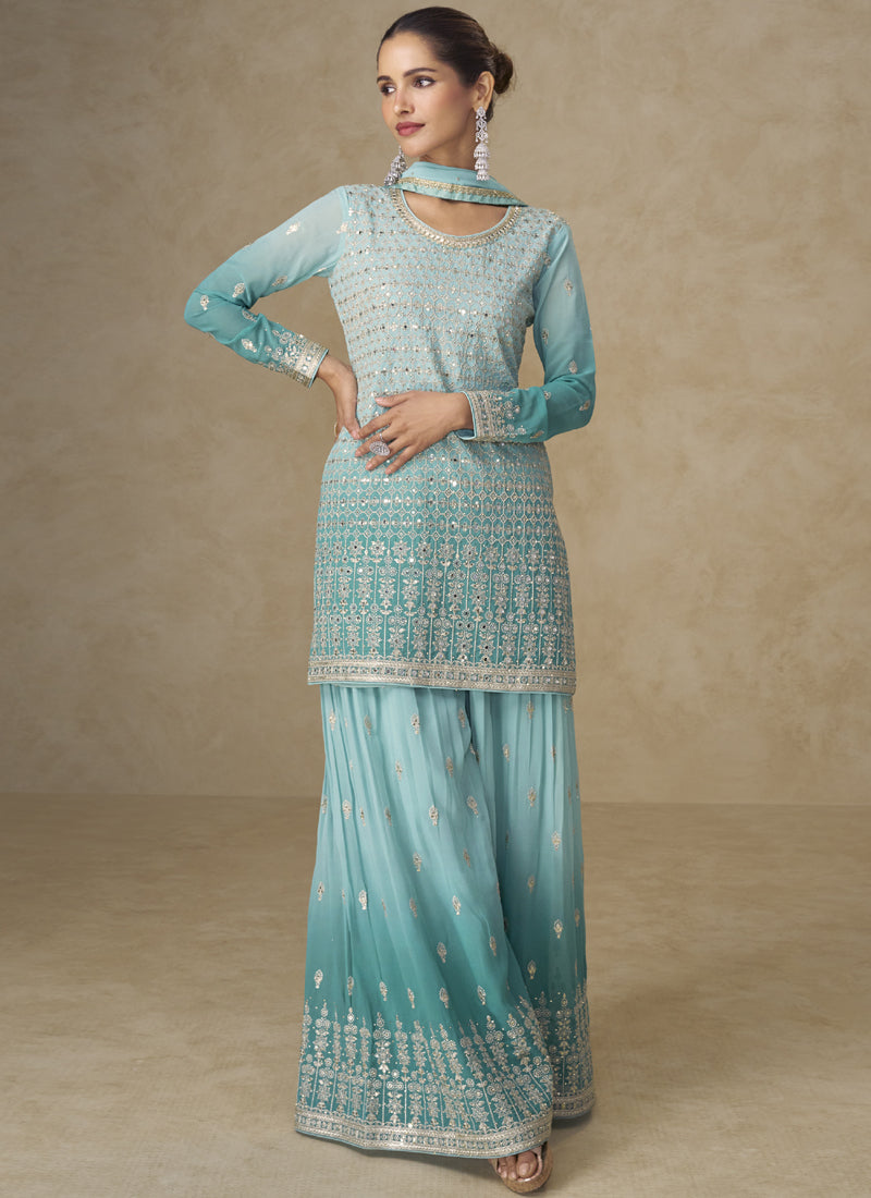 Sky Blue Embroidered Georgette Sharara Style Suit