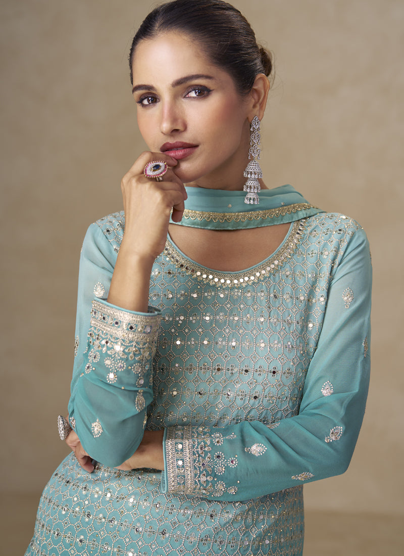 Sky Blue Embroidered Georgette Sharara Style Suit