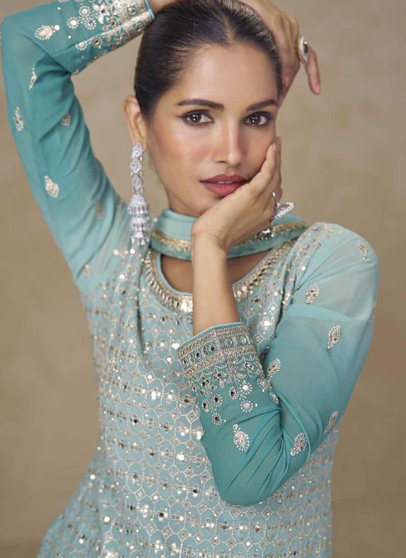 Sky Blue Embroidered Georgette Sharara Style Suit