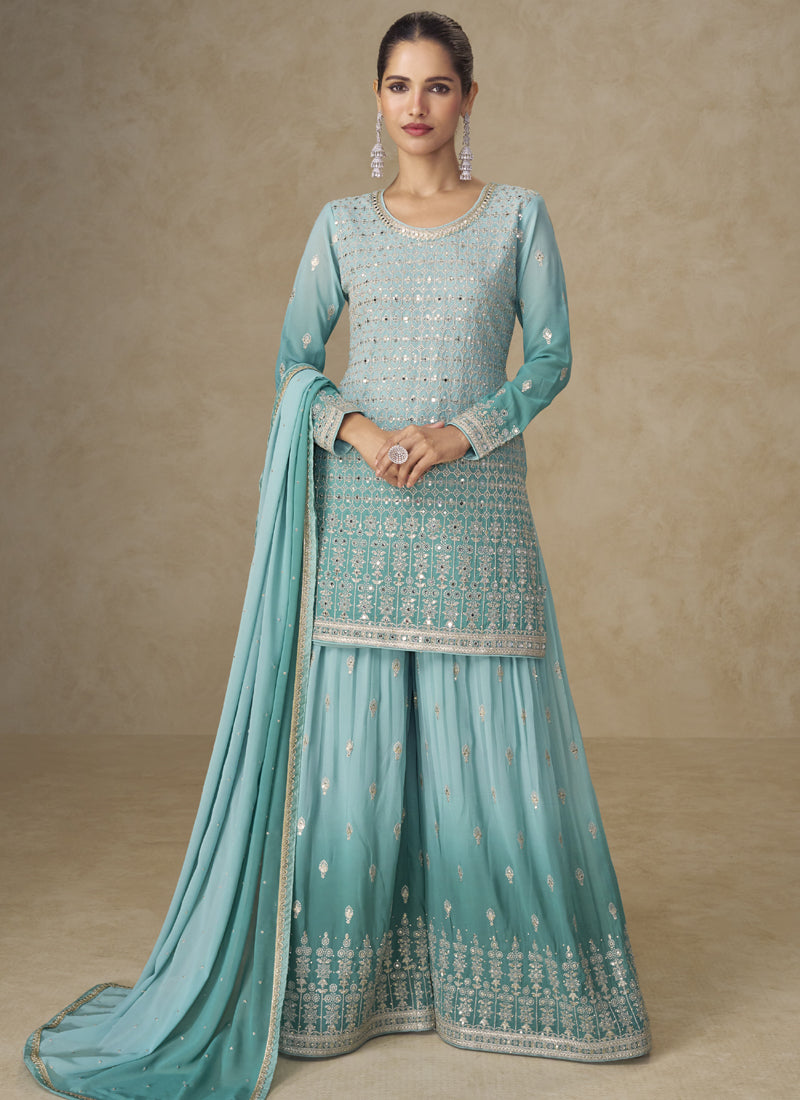 Sky Blue Embroidered Georgette Sharara Style Suit