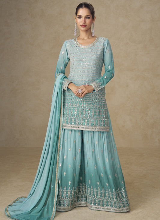 Sky Blue Embroidered Georgette Sharara Style Suit