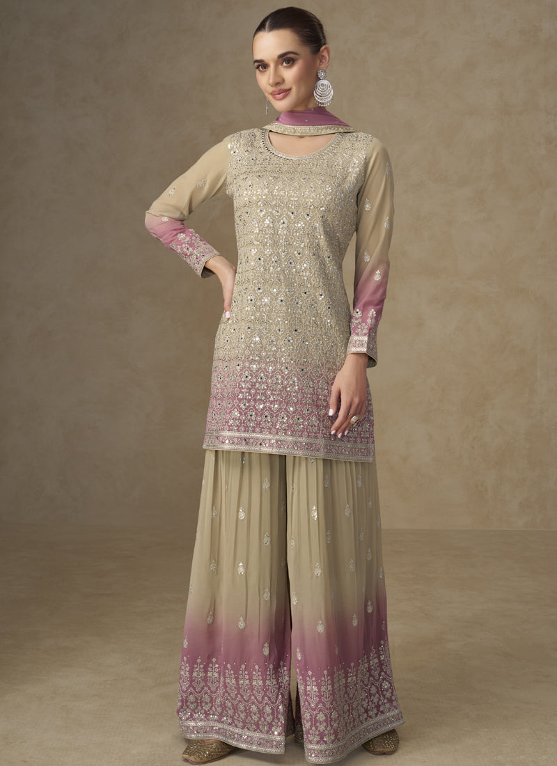 Beige and Pink Embroidered Georgette Sharara Style Suit