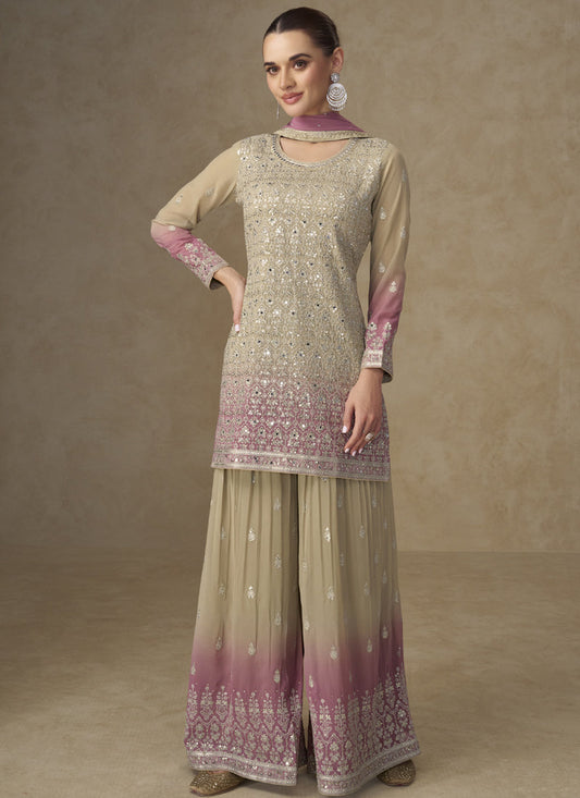 Beige and Pink Embroidered Georgette Sharara Style Suit