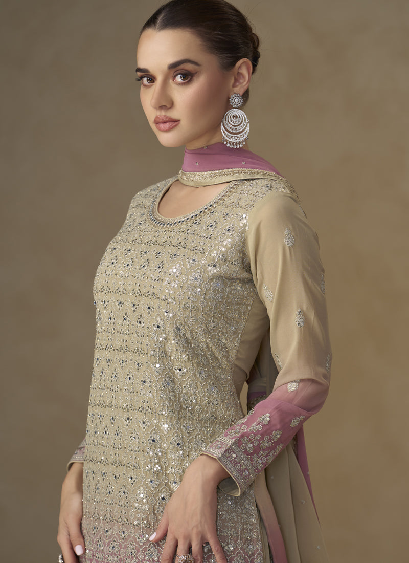 Beige and Pink Embroidered Georgette Sharara Style Suit