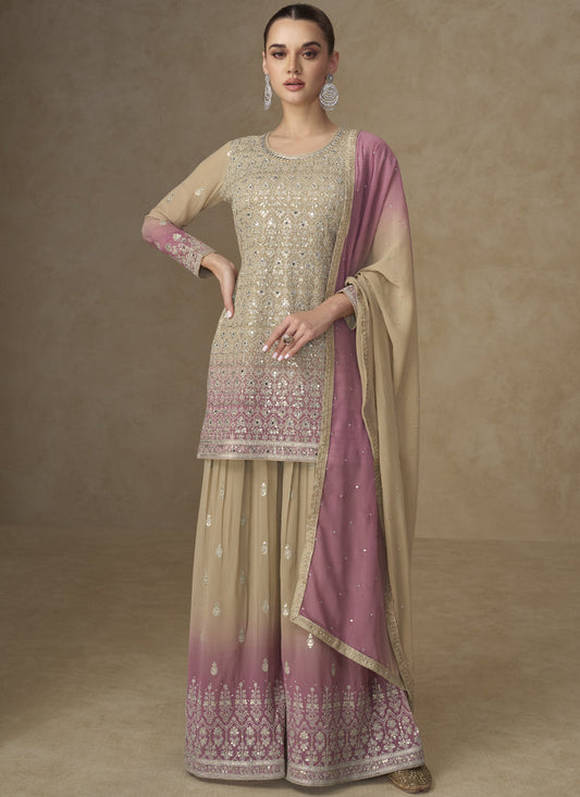 Beige and Pink Embroidered Georgette Sharara Style Suit